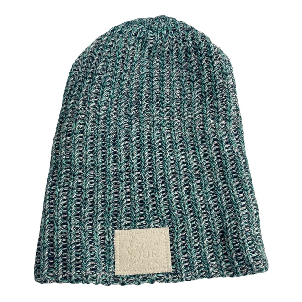 LOVE YOUR MELON Marled Teal Blue White Knit Slouchy Knit Beanie White Label